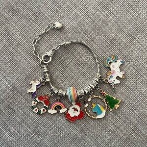 Silver-tone Charm Bracelet with Colorful Unicorn, Rainbow & Holiday Charms